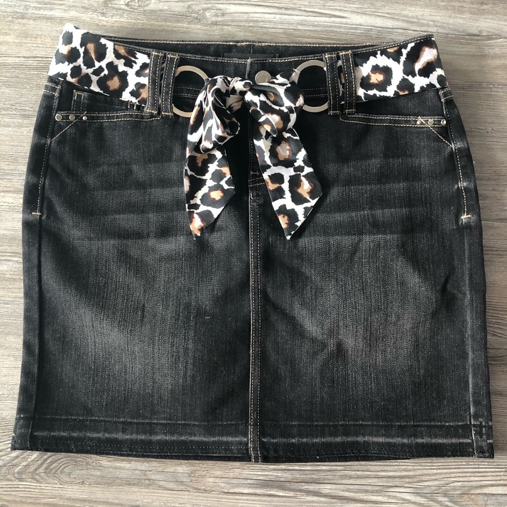 WHBM Distressed Black Denim Belted Skirt Size 0
